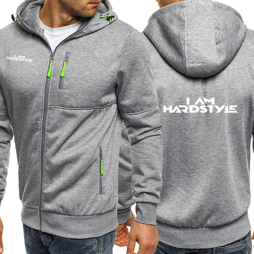 Cardigan Uomo con Cappuccio Zip in Cotone I Am Hardstyle Logo Stampa Casual Sportivo Autunno Primavera