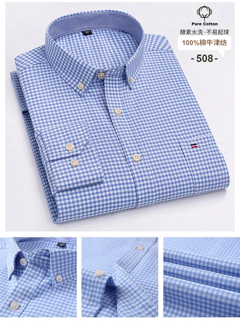Camicia Da Uomo In Cotone Oxford A Quadri Maniche Lunghe Vestibilità Regolare Con Tasca Frontale