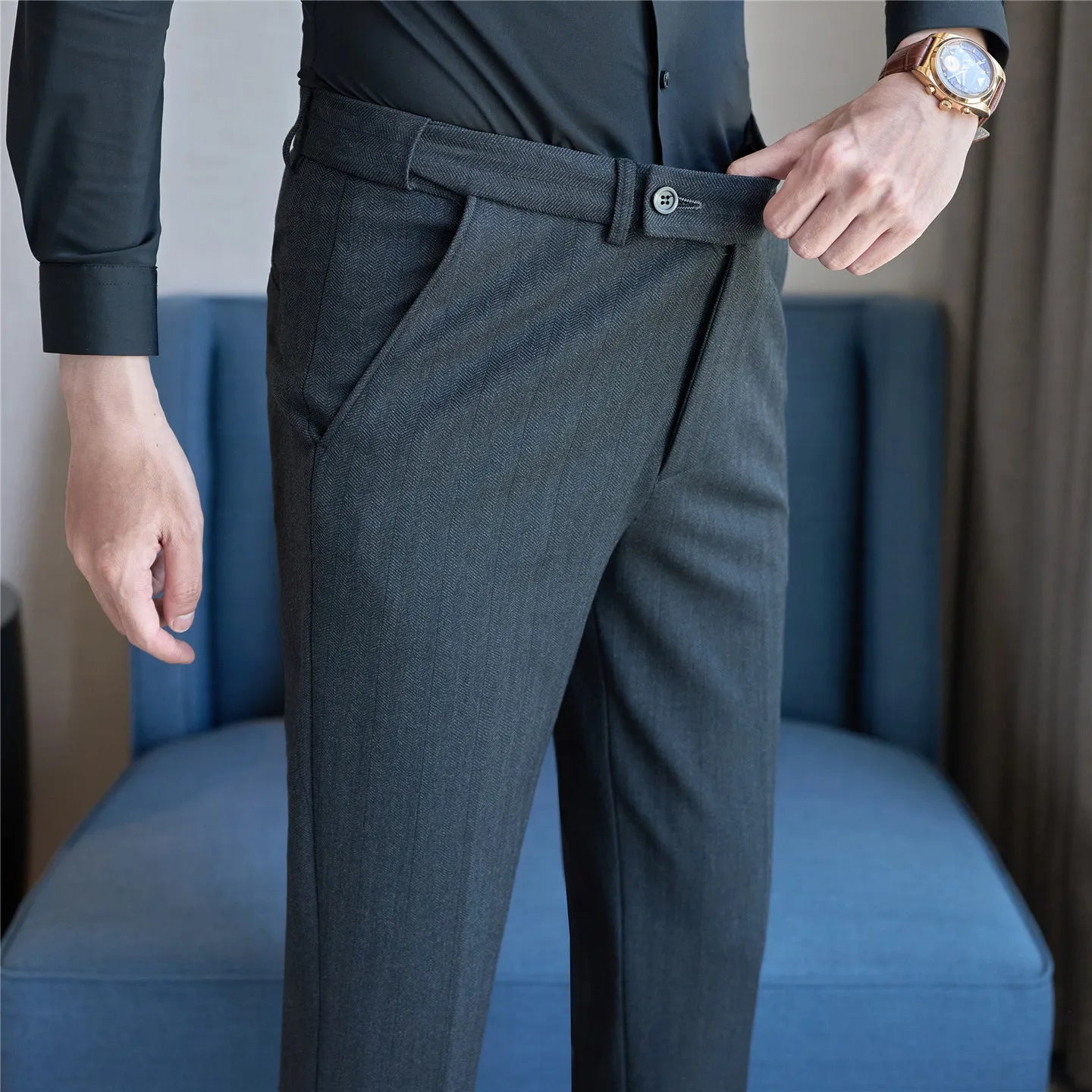 Pantaloni Da Abito Inverno In Lana Spessa Con Vita Elastica Gessati E Tinta Unita Per Uomo