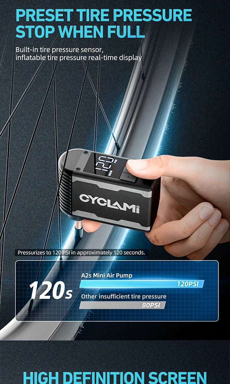 CYCLAMI Pompa Elettrica Portatile Per Bici 120 PSI Con Valvole Schrader E Presta Per Gonfiaggio Veloce