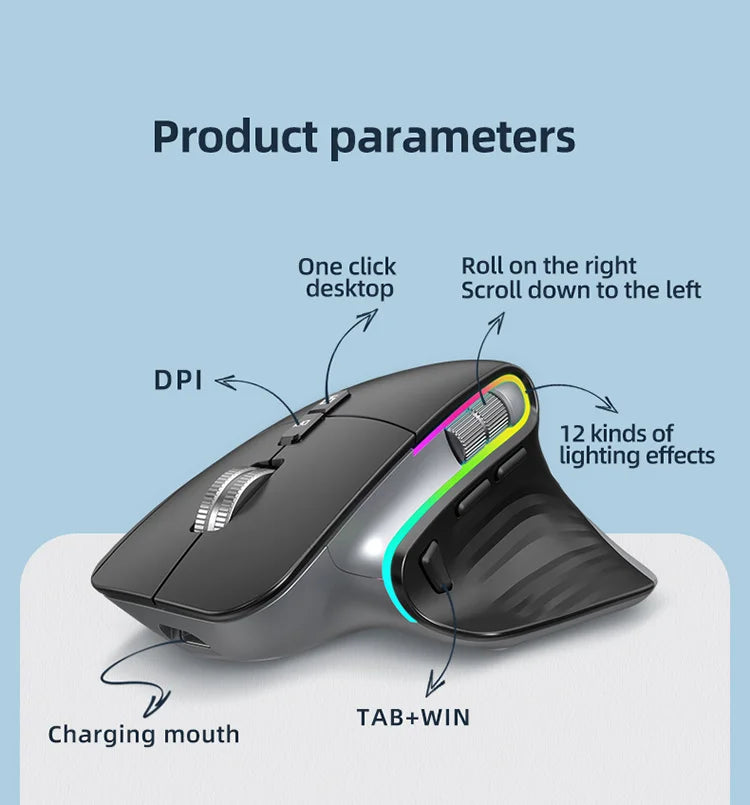 Mouse Wireless Multi Dispositivo Bluetooth 5.0 e 3.0 2.4G Ottico Portatile Ergonomico Per Computer Mano Destra