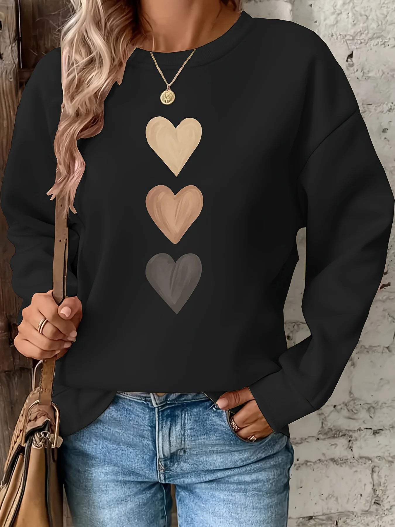 Felpa Donna Con Stampa Cuore Design Geometrico Manica Lunga Girocollo Lavabile In Lavatrice Vestibilità Regolare Autunno