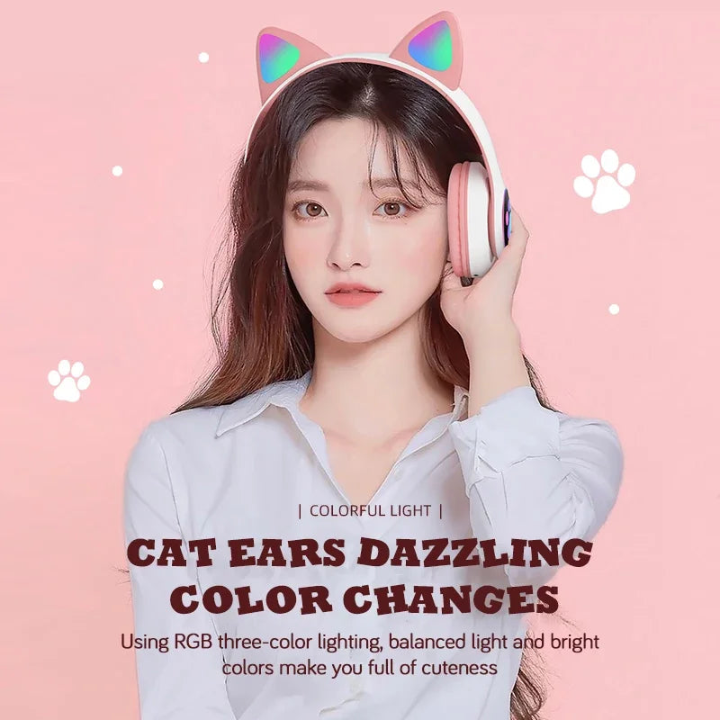 Lampada Cuffie Orecchie Di Gatto Bluetooth 5 0 Stereo Microfono Slot TF Auricolare Wireless Ragazze Bambini Regalo