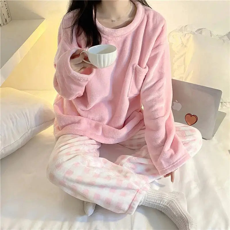 Pigiama Da Donna Caldo In Pile Set Pigiama Invernale Morbido Top Solido E Pantaloni Scozzesi Per Casa