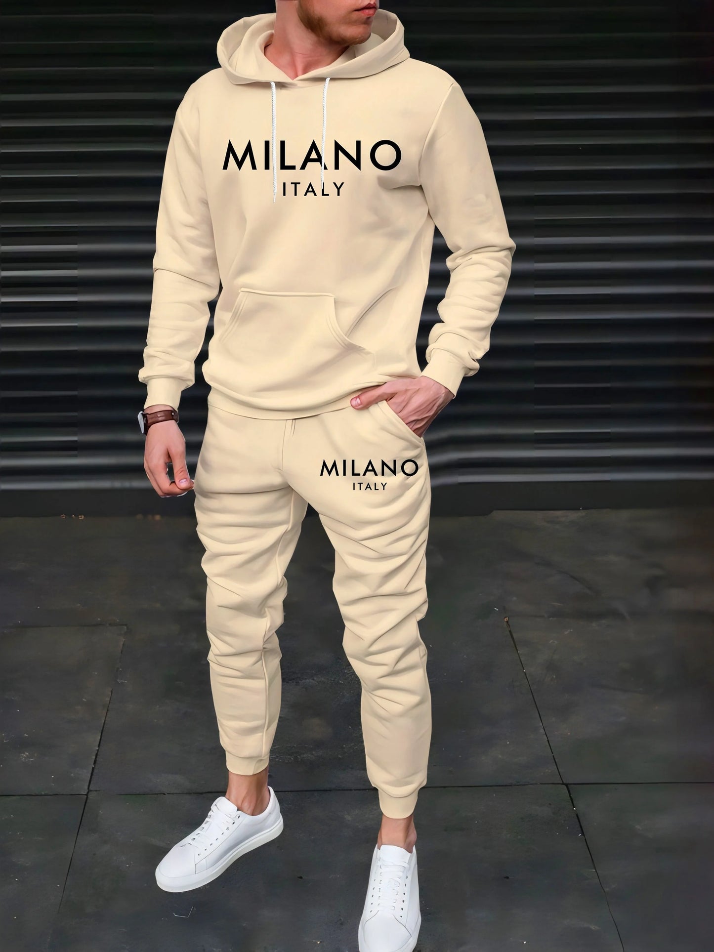 Felpa Sportiva Da Uomo Autunno Inverno Calda In Velluto Spesso Stampa Lettera Milano Italia E Set Pantaloni Della Tuta
