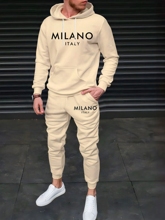 Felpa Sportiva Da Uomo Autunno Inverno Calda In Velluto Spesso Stampa Lettera Milano Italia E Set Pantaloni Della Tuta