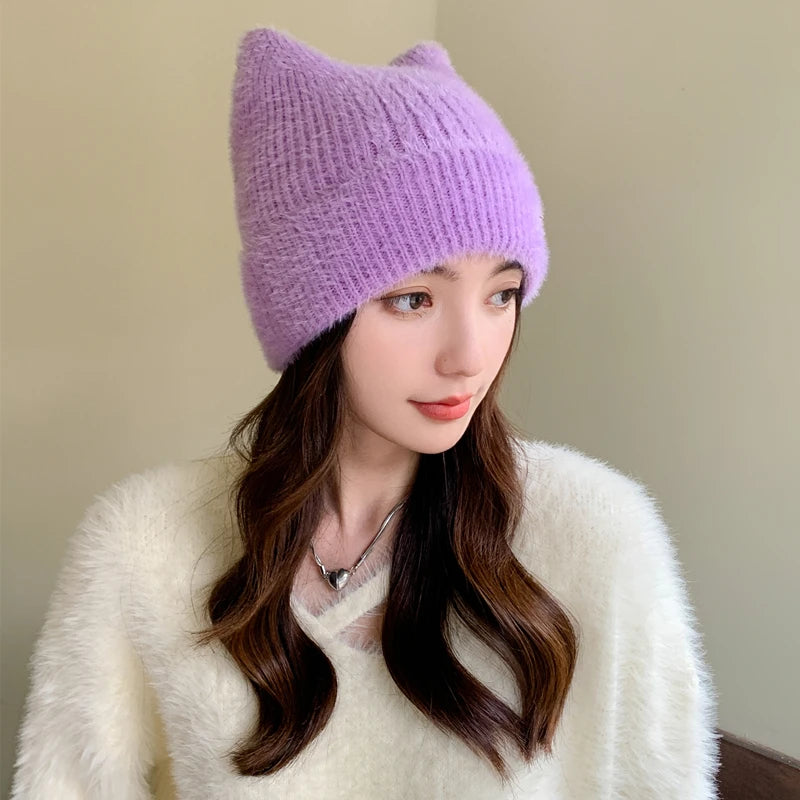 Cappello Invernale Femminile con Orecchie da Gatto Pelliccia Sintetica Lavorato a Maglia Stile Kpop Morbido Berretto