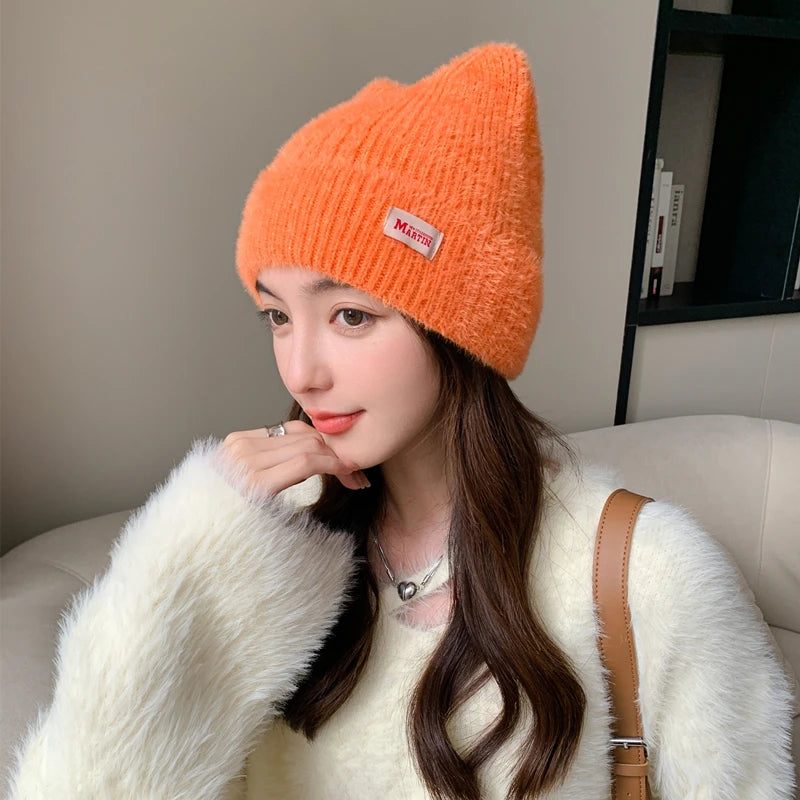 Cappello Invernale Femminile con Orecchie da Gatto Pelliccia Sintetica Lavorato a Maglia Stile Kpop Morbido Berretto