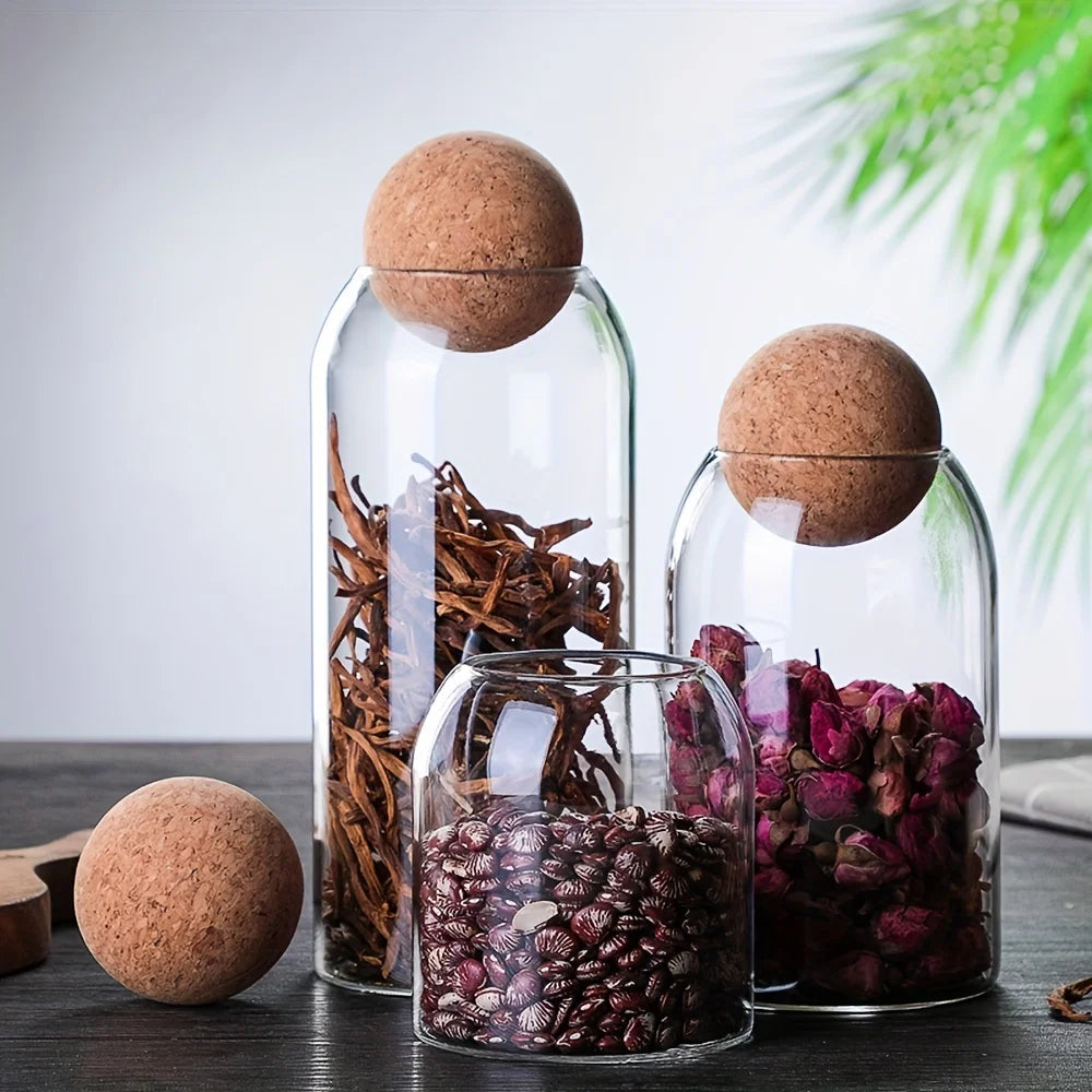Set Barattoli In Vetro Per Cucina Tre Pezzi Con Coperchio Ermetico In Legno E Sfera Di Sughero Capacità 0,5 1 L Ecologici Decorativi