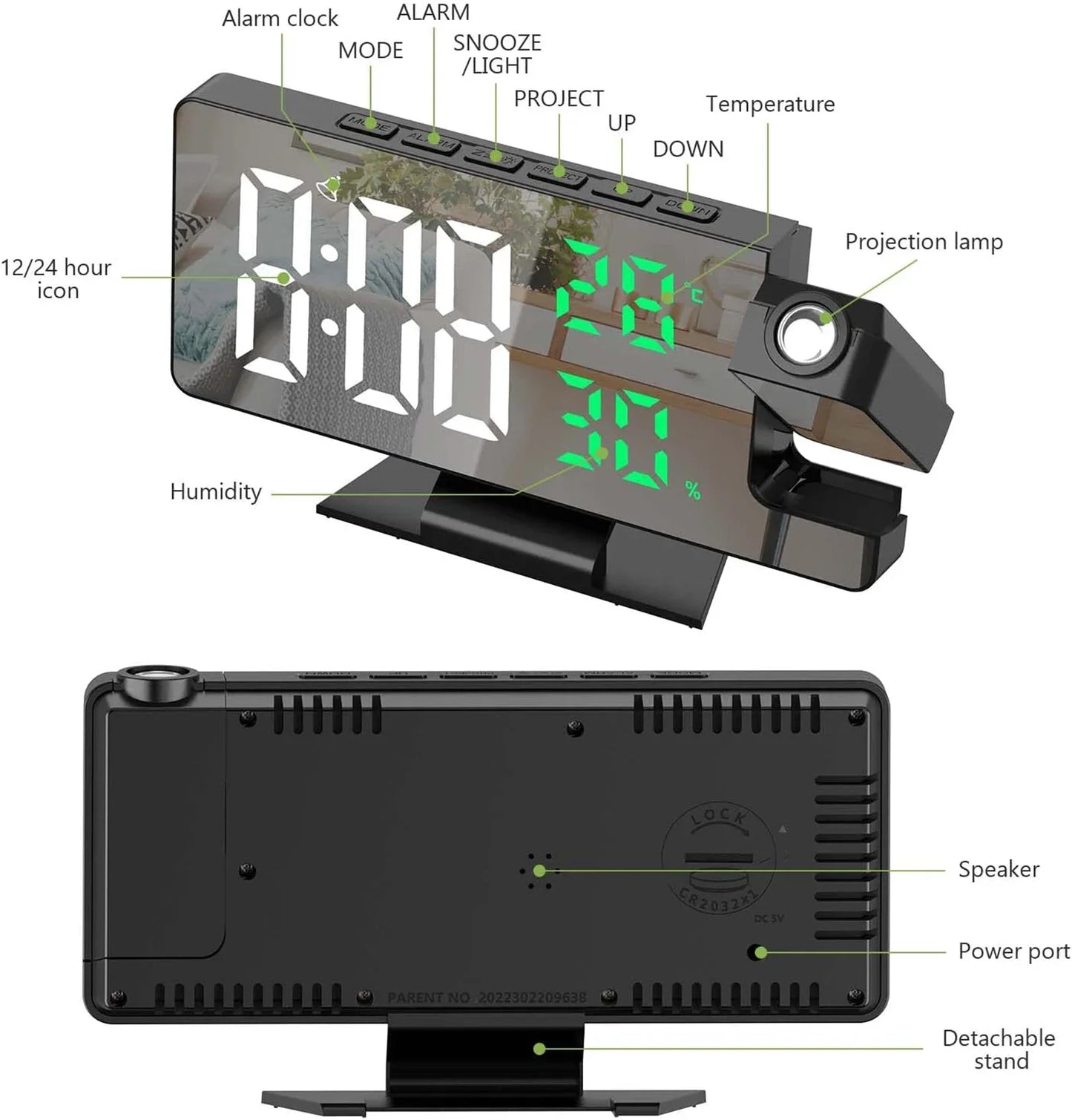 Sveglia Digitale LED Orologio Proiezione da Soffitto con Display della Temperatura Snooze Retroilluminato per la Casa