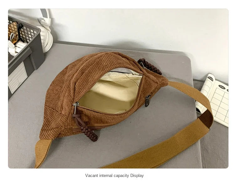Marsupio da Donna in Velluto a Coste di Grande Capacità Borsa da Petto Stile Street Borsa a Tracolla Cintura Casual