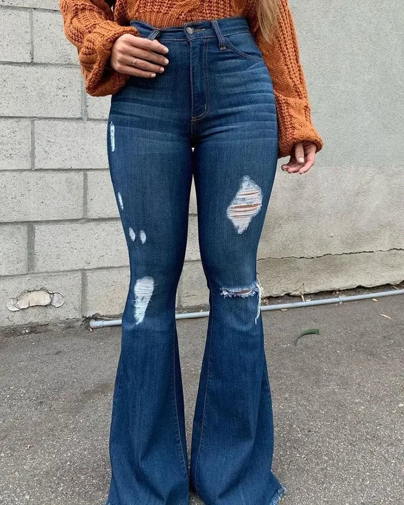Jeans Zampa Elefante Vita Alta Da Donna Con Strappi Pantaloni Lunghi Super Elastici Design Lavato Origine Cinese