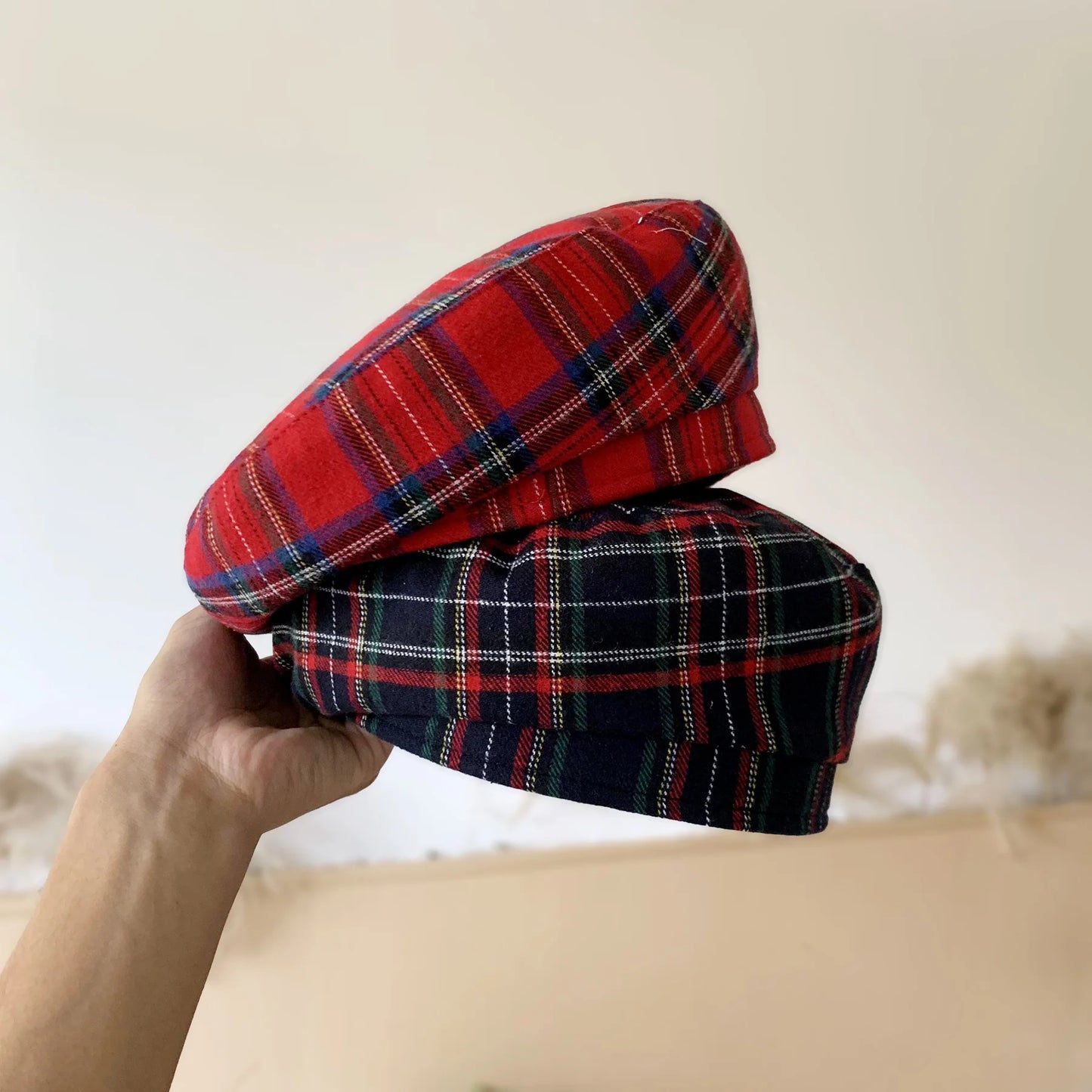 Berretto Scozzese Rosso Unisex Plaid Motivo Profilo Piatto Stile Retrò Caldo Comfort Elegante Donna Uomo