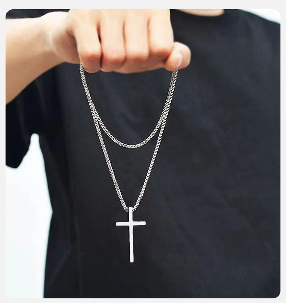 Collana Con Croce Vnox In Acciaio Inossidabile Catena A Scatola Argento Nero Per Uomo E Donna Lunghezza 55 Cm O 60 Cm