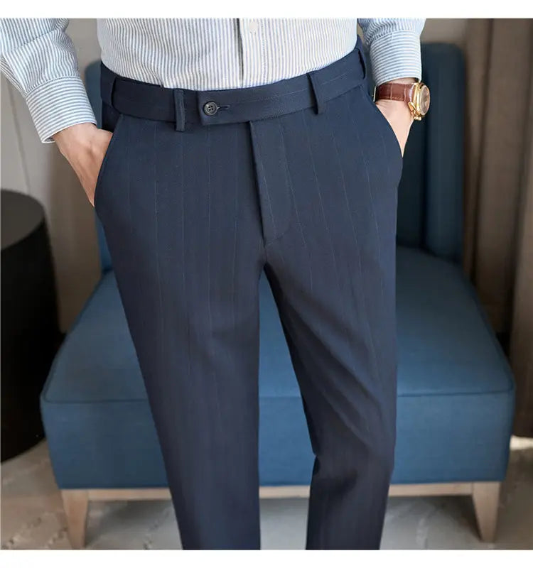 Pantaloni Da Abito Inverno In Lana Spessa Con Vita Elastica Gessati E Tinta Unita Per Uomo