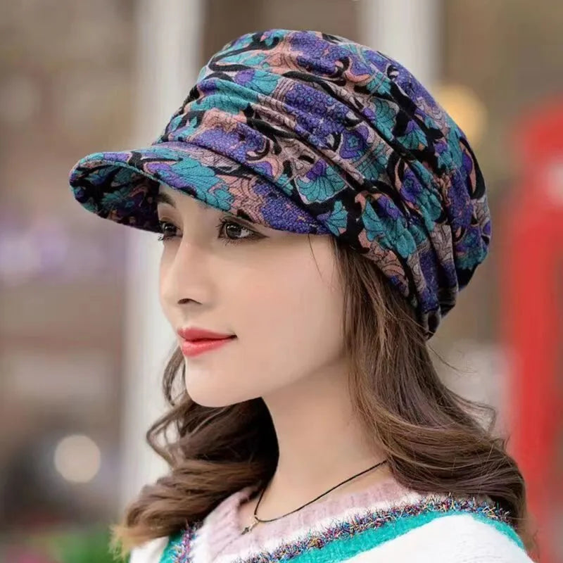 Berretto Da Donna In Cashmere Con Visiera Corta E Paraorecchie Pieghevole Stampa Floreale Ethnica Per Autunno Inverno