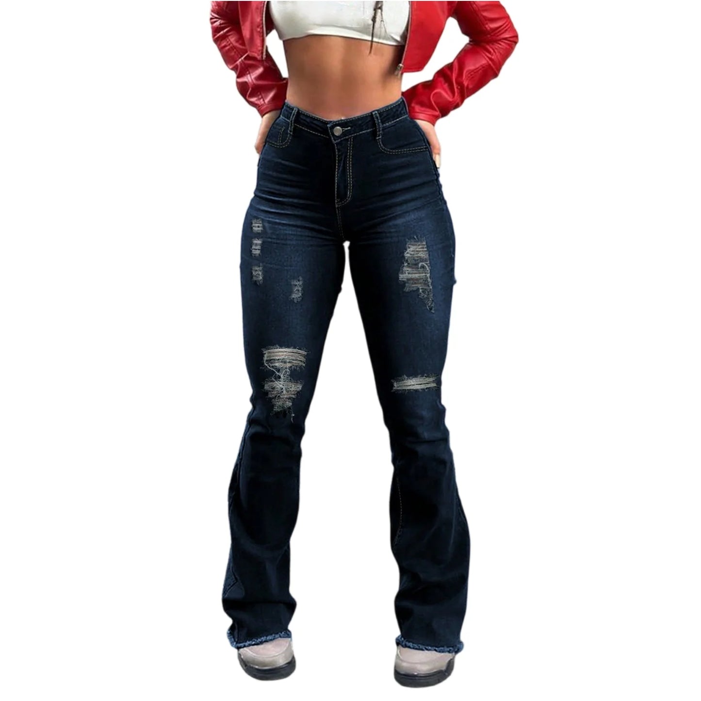 Jeans Da Donna Slim Fit High Waist Strappi Retrò In Denim Tinta Unita Con Tasche