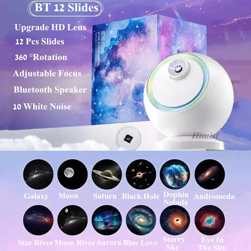 Meteor Dinamico 12 in 1 Lampada Proiettore Galaxy Ultra Trasparente Rotante con Lettore Musicale Regalo per Bambini
