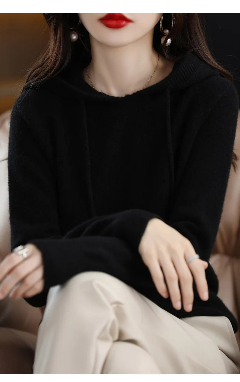 Maglione Con Cappuccio Donna Autunno Inverno Maniche Lunghe Tinta Unita Felpa Lavorata A Maglia Con Coulisse Allentate