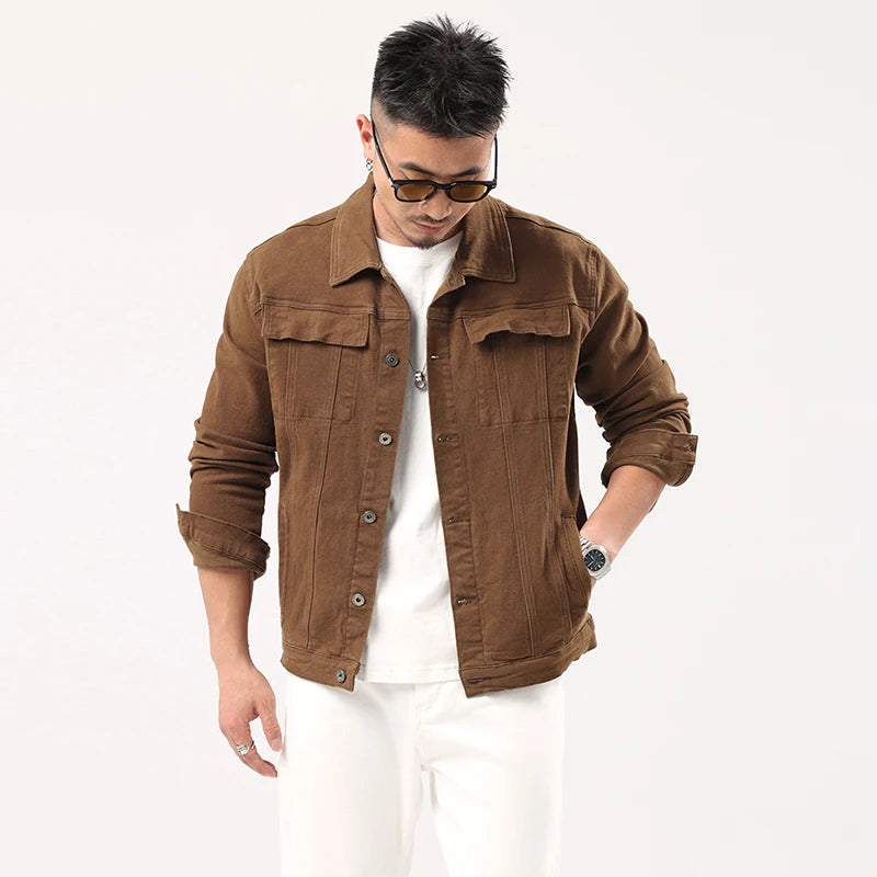 Giacca Jeans Caramello da Uomo 2025 Primavera Autunno Nuovo Stile Slim Elasticizzata Classica Moda