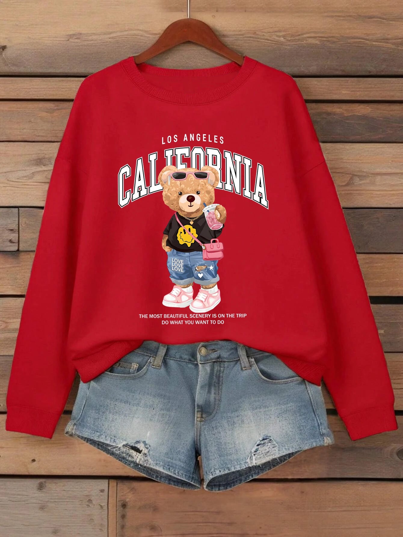 Orsetto Bere Tè Al Latte Stampato Pullover Da Donna Con Collo A O Felpa In Pile Streetwear Autunno