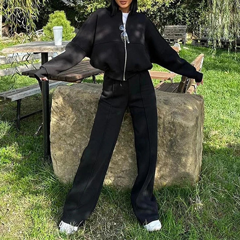 Set Di Tute Da Donna Casual Cardigan Corto Allentato Con Cerniera E Pantaloni Sportivi Con Coulisse Streetwear