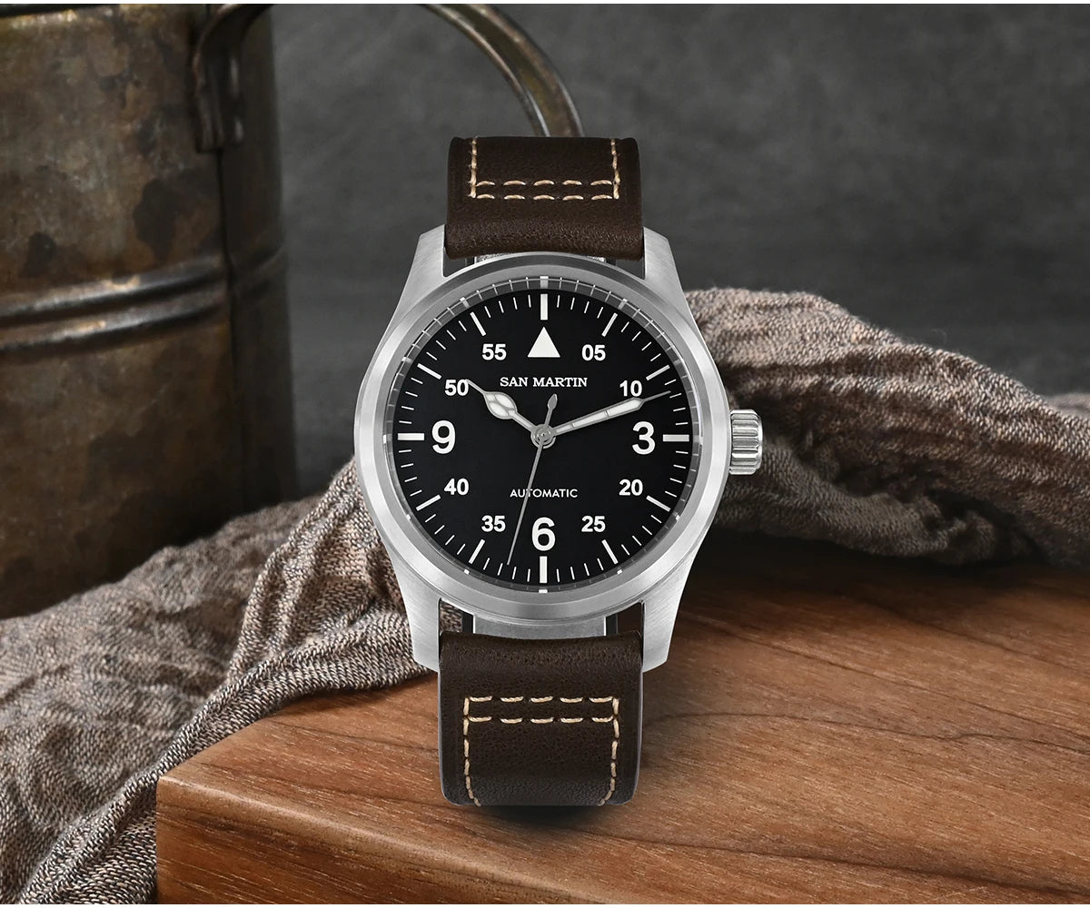 Orologio Da Pilota Da Uomo San Martin 37mm Meccanico Automatico 100m Impermeabile Stile Militari BGW 9