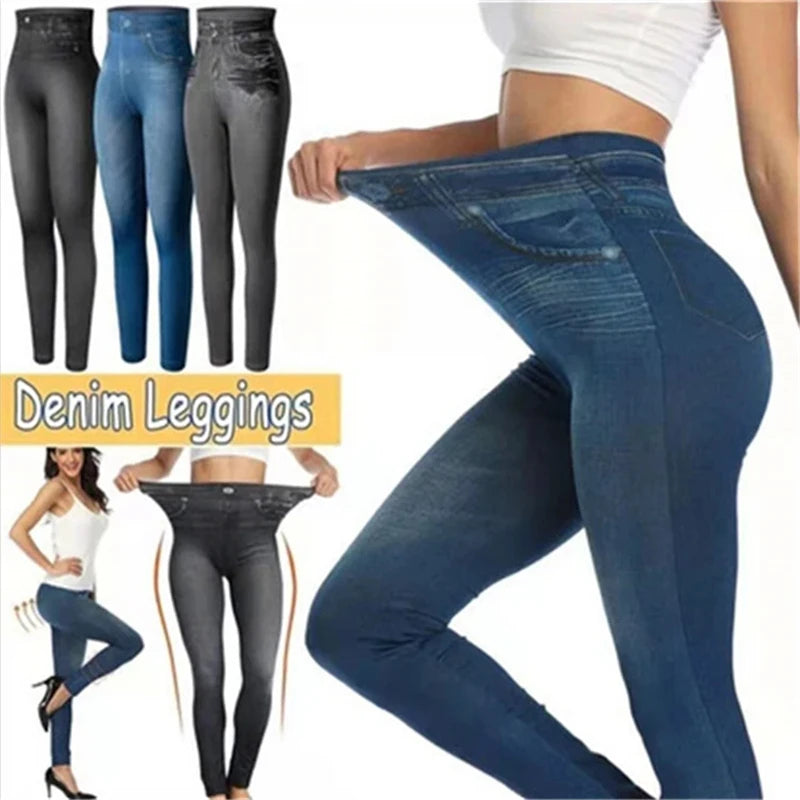 Leggings Denim Ultra Elasticizzato Vita Alta Donna Slim Fit Glutei Sollevati Pantaloni Attillati