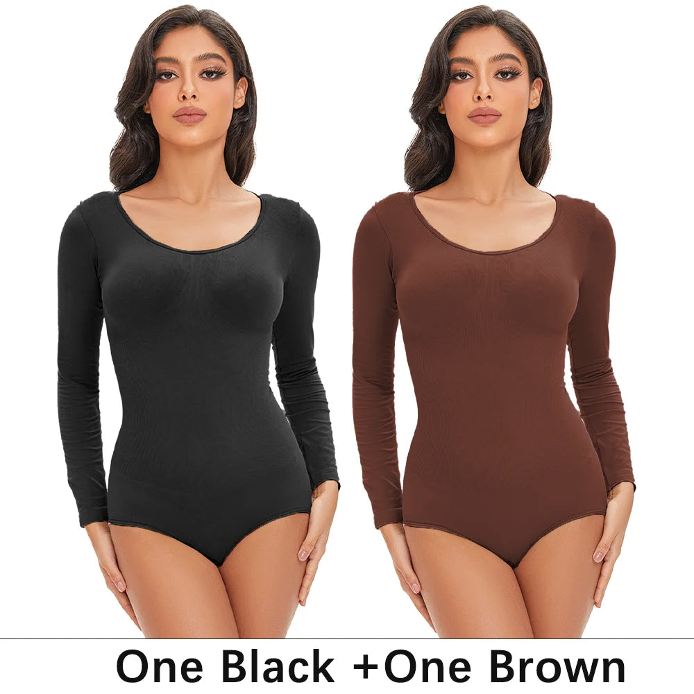 Pokarla Body Suit Spandex Elastico Shapewear Donna Controllo Pancia Manica Lunga Cavallo Aperto Girocollo Shaper