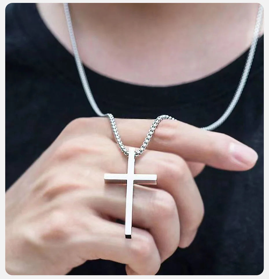 Collana Con Croce Vnox In Acciaio Inossidabile Catena A Scatola Argento Nero Per Uomo E Donna Lunghezza 55 Cm O 60 Cm