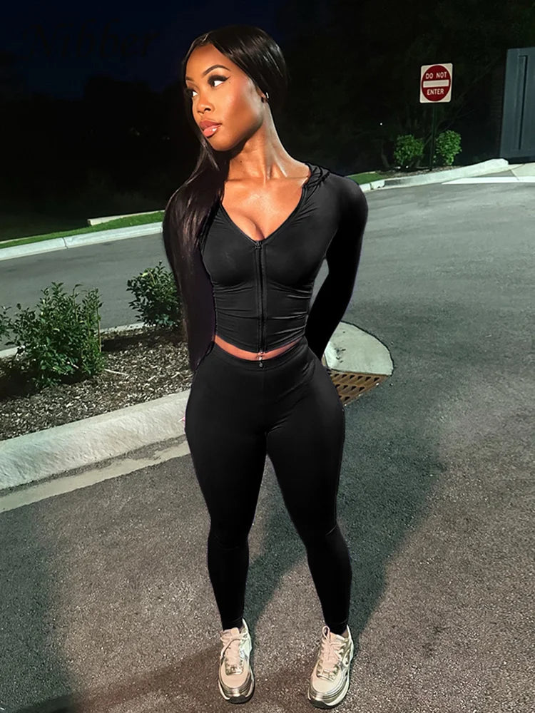 Nibber Sportivo Casual Tuta 2 Pezzi Donna Con Cappuccio Zip Crop Top E Leggings Fitness Morbide Stretch Streetwear