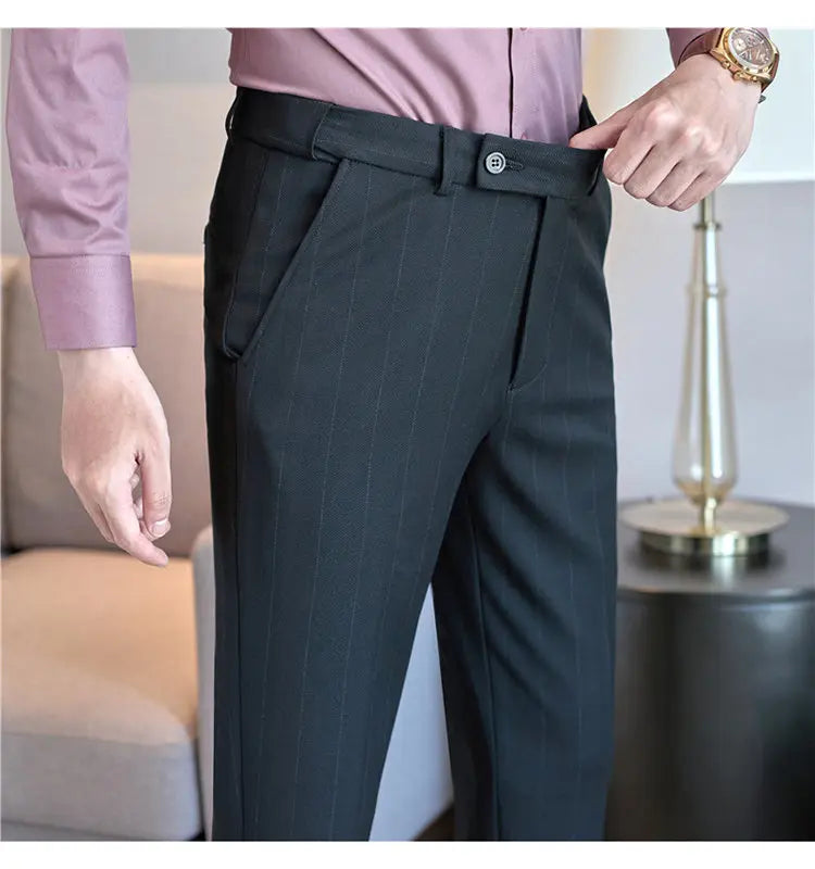 Pantaloni Da Abito Inverno In Lana Spessa Con Vita Elastica Gessati E Tinta Unita Per Uomo