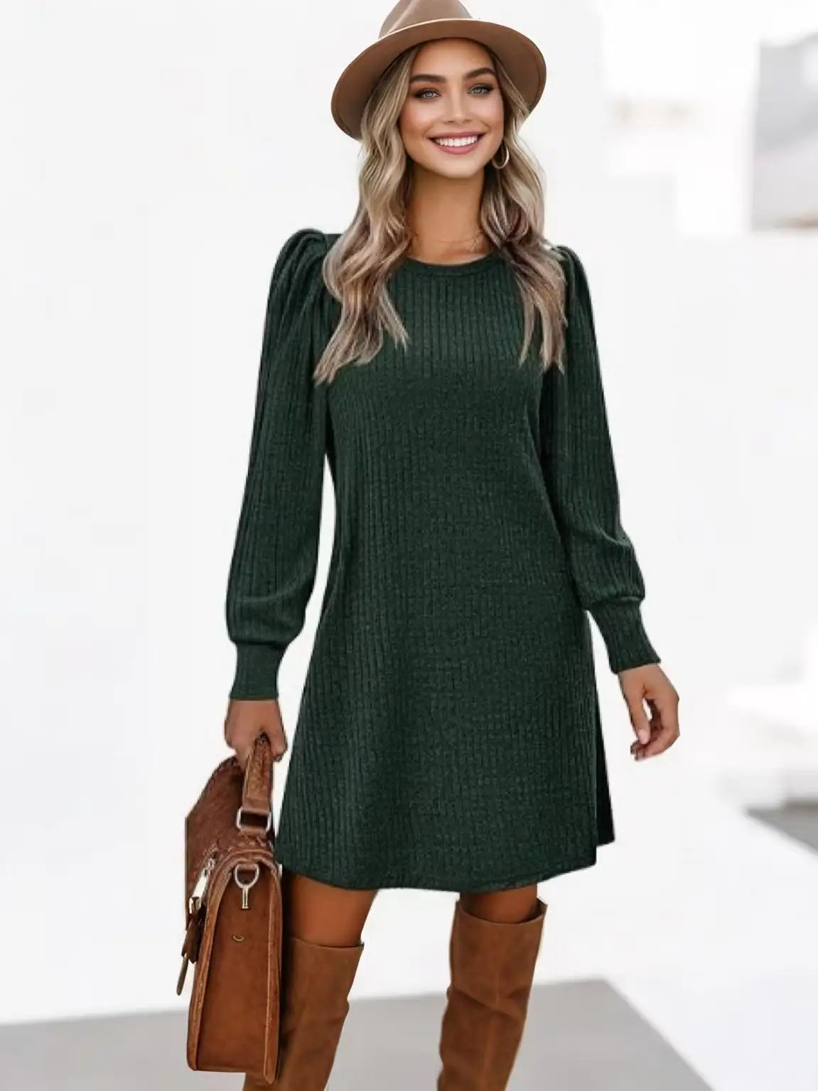 Abito da Donna in Maglia con Maniche a Palloncino e Tasche Laterali Autunno Inverno Comfort Quotidiano