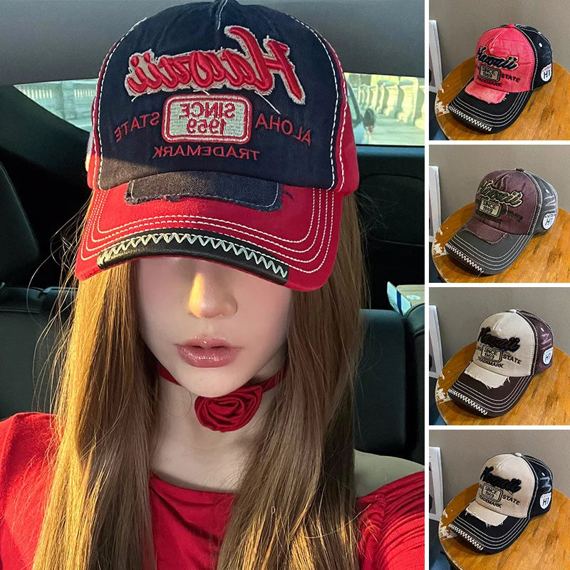 Berretto da Baseball Retrò per Donna in Denim con Lingua d'Anatra Cappello con Visiera Rossa Vintage per Ragazza