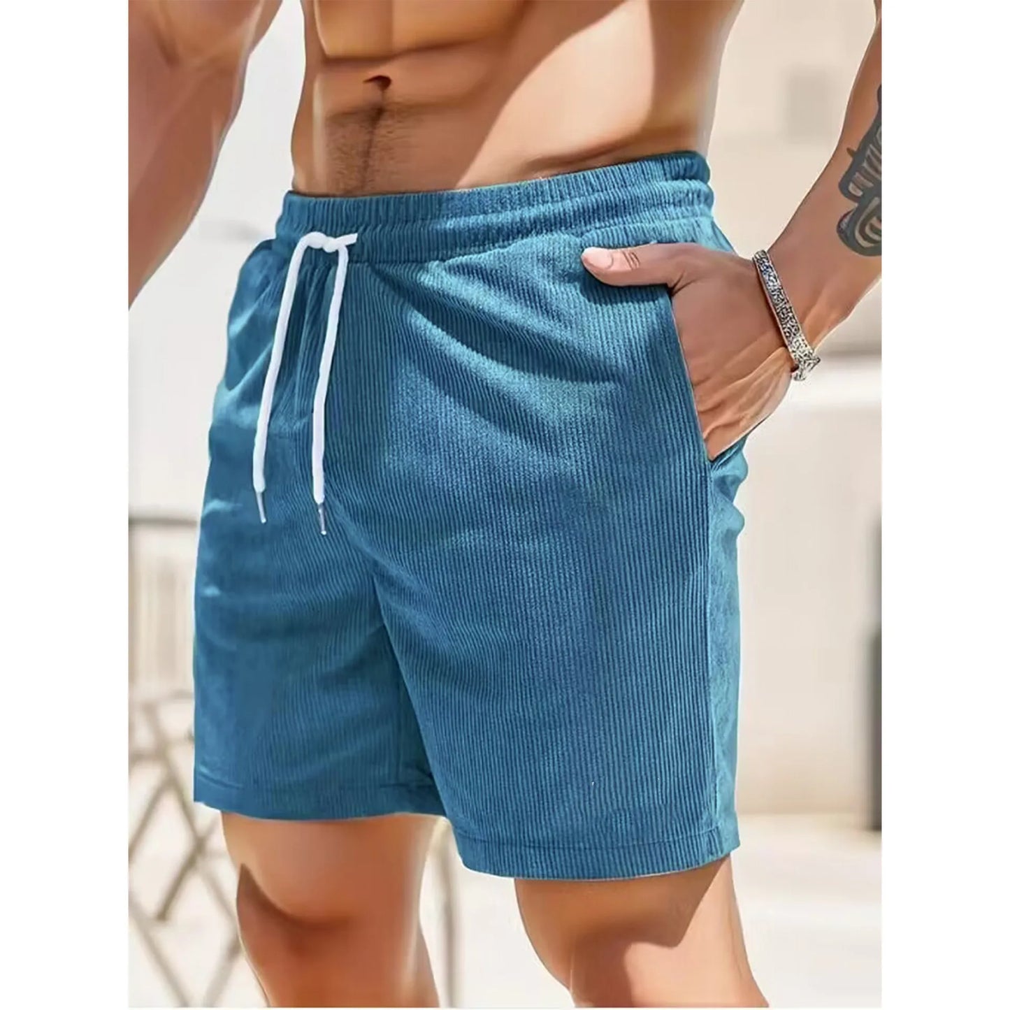 Pantaloncini Estivi Da Uomo In Velluto A Coste Tinta Unita Con Lacci Casual E Semplici