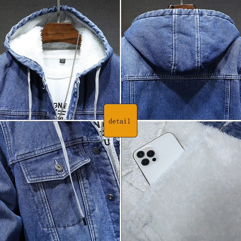 Giacca Jeans Uomo Invernale Termica Spessa Con Cappuccio In Pile Denim Casual Fit Trend