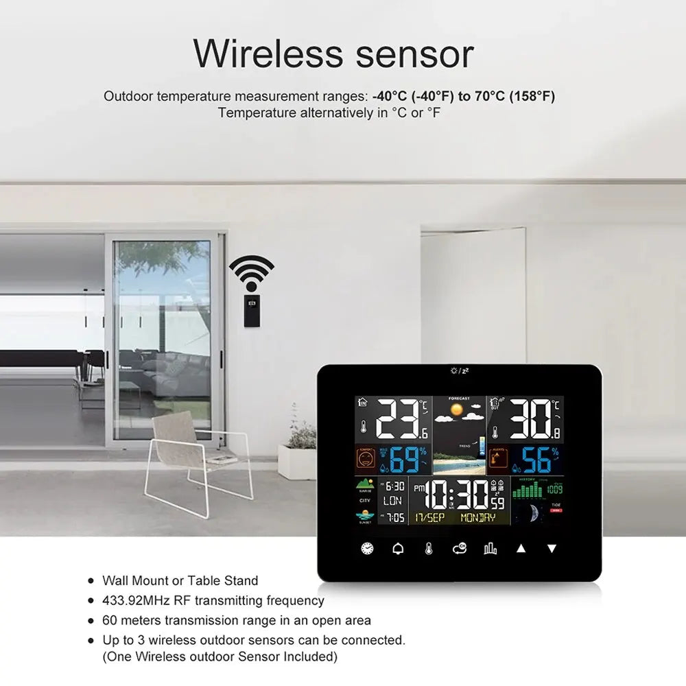 Stazione Meteorologica Multifunzione Sveglia Termometro Igrometro Touch Screen Sensore Wireless Alba Tramonto