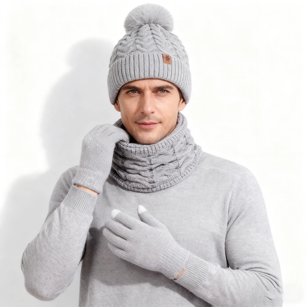 Set Cappello Invernale Donna Sciarpa Guanti Con Pompon Pelo Lavorato A Maglia Per Ragazze Adolescenti