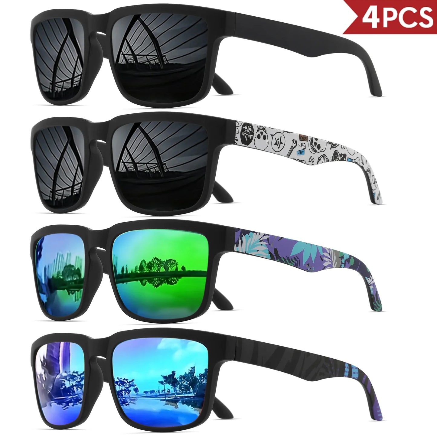 Occhiali Da Sole Sportivi Quadrati 4 Pezzi Motivo Tempio Design UV400 Per Uomini E Donne Vacanze Al Mare