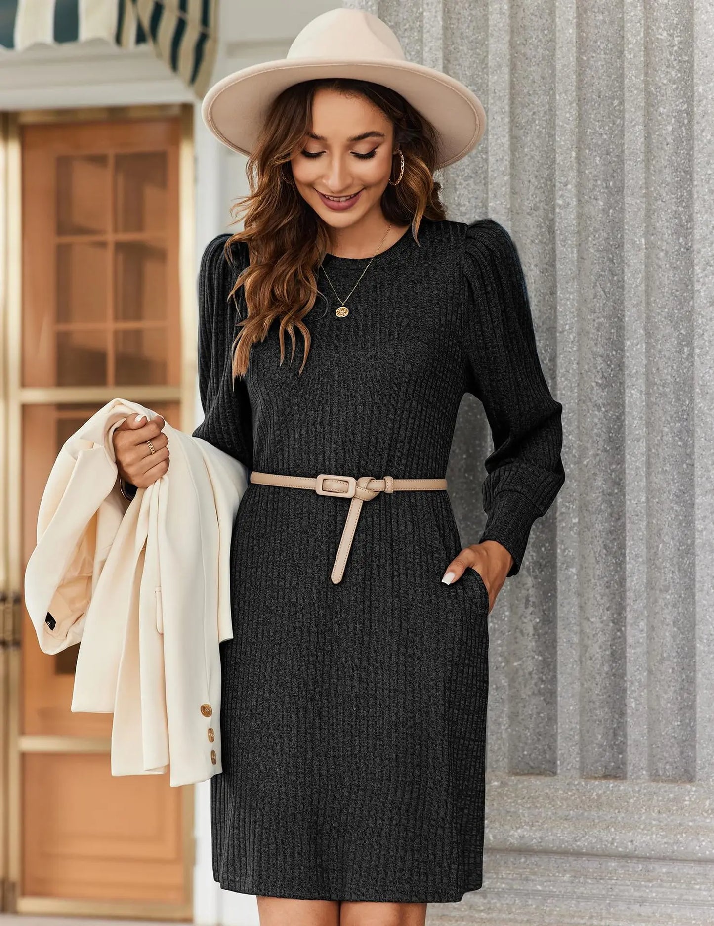Abito da Donna in Maglia con Maniche a Palloncino e Tasche Laterali Autunno Inverno Comfort Quotidiano