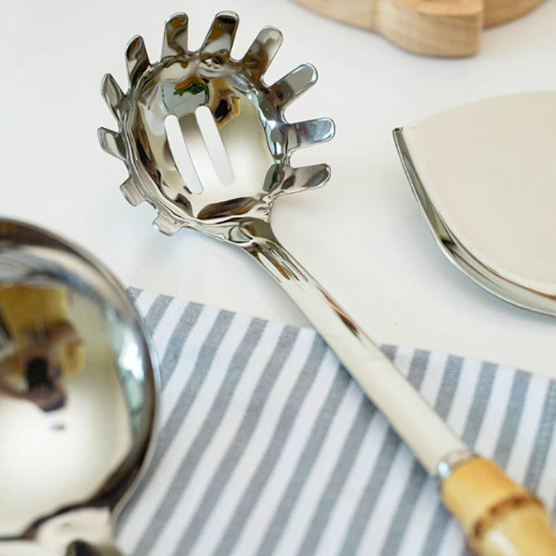 Pala Frittura In Acciaio Inossidabile Con Manico In Bambù Naturale E Cucchiaio Zuppa Giapponese Set Utensili Cucina