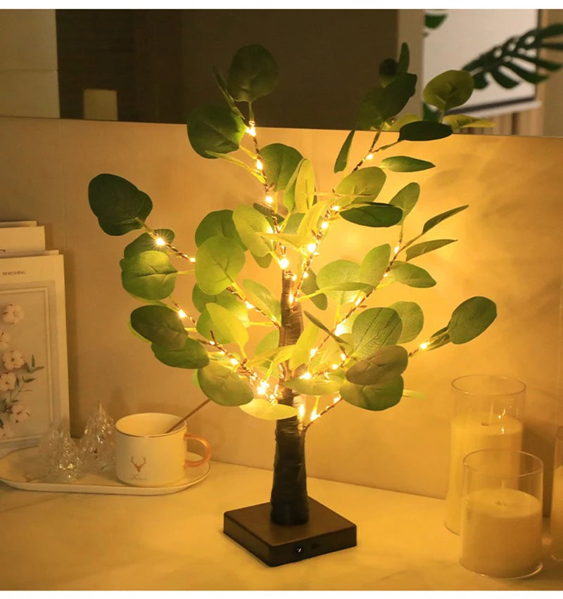 Lampada Da Tavolo A LED Per Albero Eucalipto Artificiale 55 Cm Con USB Per Camera Da Letto Decorazione Scrivania