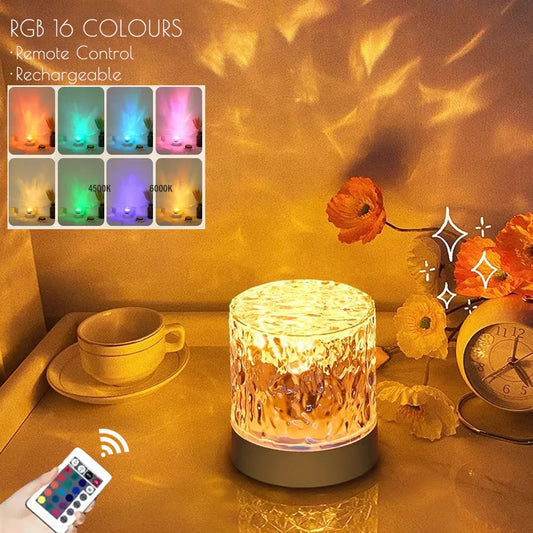 Proiettore ricaricabile con ondulazione dell'acqua a LED a 16 colori, luce notturna, telecomando, lampada ambientale per camera da letto, lampada da tavolo in cristallo dimmerabile RGB