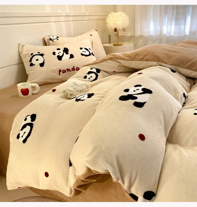 Set Biancheria Da Letto 4 Pezzi In Pile Latte Stampato Invernale Duvet Copripiumino Stile Semplice Accogliente GSM 130