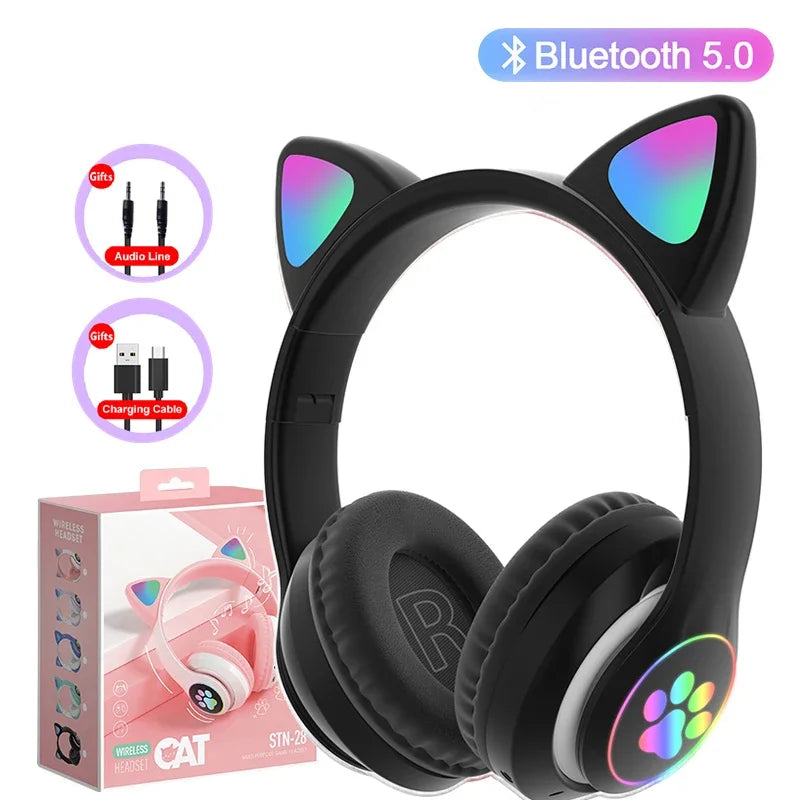 Lampada Cuffie Orecchie Di Gatto Bluetooth 5 0 Stereo Microfono Slot TF Auricolare Wireless Ragazze Bambini Regalo