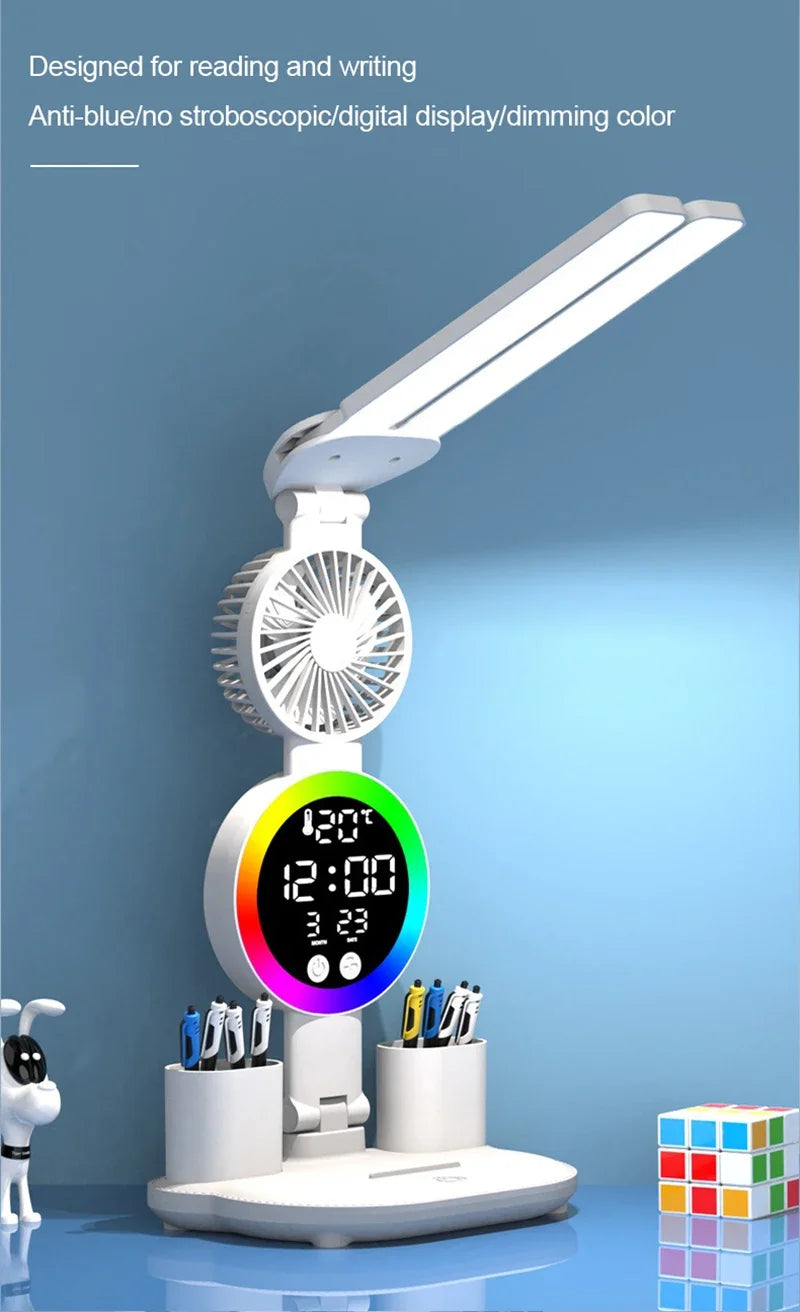 Lampada Da Tavolo Led Con Ventilatore Orologio Ricaricabile Luminosità Regolabile Per Studio Scrivania
