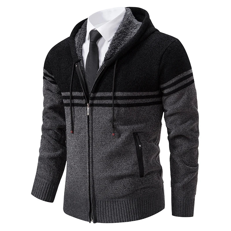 Nuovo Maglione Invernale da Uomo in Pile Spesso con Colletto Coreano e Cerniera Cardigan Casual a Righe
