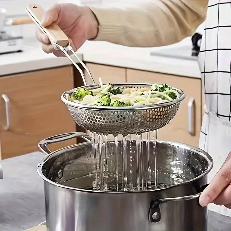 Schiumarola In Acciaio Inossidabile Con Manico In Legno Portatile Per Cibo Fritto Filtraggio Colino Cucina