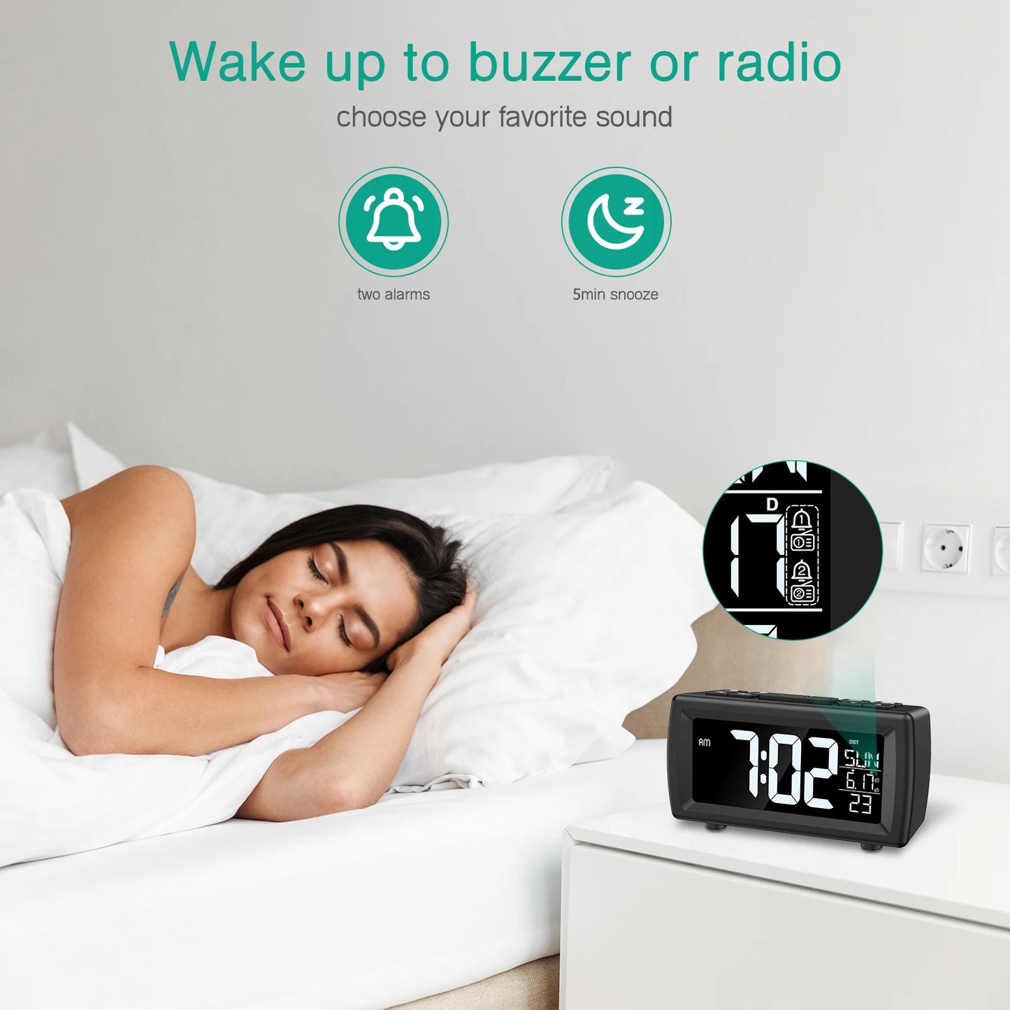 ORIA Sveglia Radio Orologio Digitale FM Con Snooze E Volume Regolabile Orologio LED Da Comodino Con Doppia Sveglia