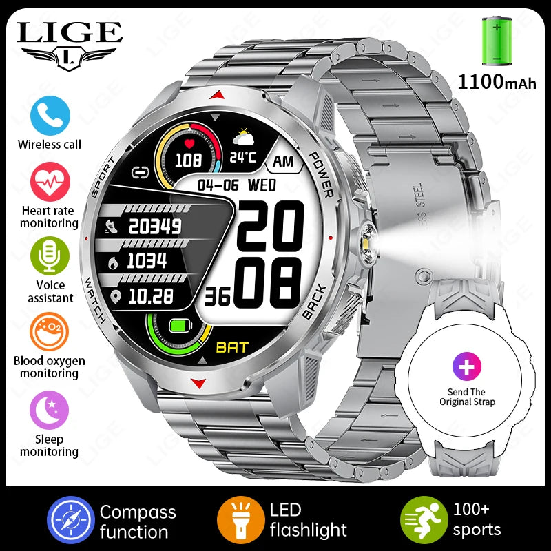 LIGE Smartwatch Da Uomo Bluetooth Chiamata Impermeabile 3ATM Batteria 1100mAh Bussola Esterna Per Sport Fitness